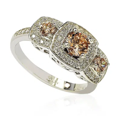 Suzy Levian Sterling Silver Cubic Zirconia White Three Stones Halo Engagement Ring In Brown