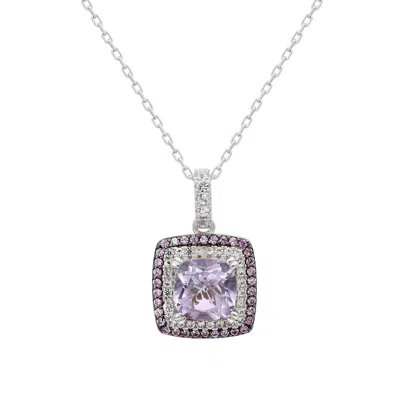 Suzy Levian Sterling Silver Cushion Cut Purple Amethyst And Sapphire Accent Pendant In Metallic