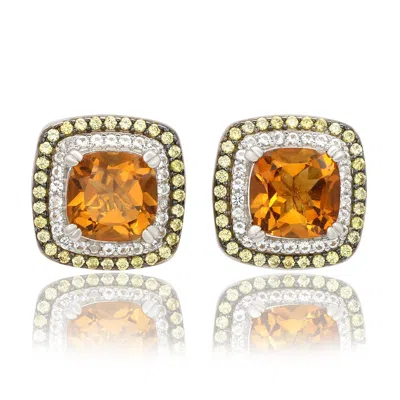 Suzy Levian Sterling Silver Cushion Cut Purple Amethyst And Sapphire Accent Stud Earrings In Multi