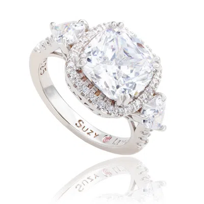Suzy Levian Sterling Silver Cushion Cut White Cubic Zirconia Halo Bridal Ring In Metallic