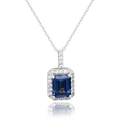 Suzy Levian Sterling Silver Emerald Cut Blue Sapphire Halo Pendant In Metallic