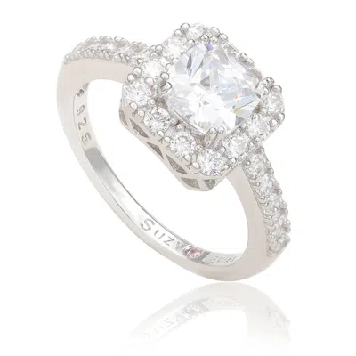 Suzy Levian Sterling Silver Emerald Cut Cubic Zirconia Halo Engagement Ring In White