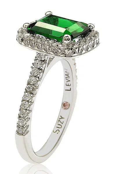 Suzy Levian Sterling Silver Emerald Cut Green Cz Halo Ring