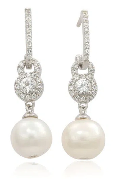 Suzy Levian Sterling Silver Freshwater Pearl Drop Earrings In Silver/white