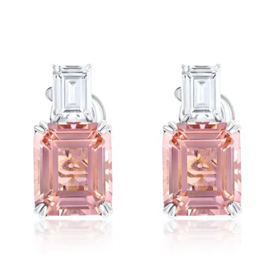 Suzy Levian Sterling Silver Gala Emerald Cut Pink & White Cubic Zirconia Earrings