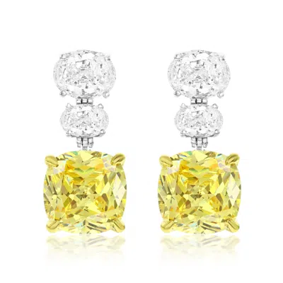 Suzy Levian Sterling Silver Gala Firework Cushion Cut Yellow & Oval White Cubic Zirconia Drop Earrings In Green
