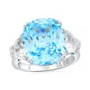 Suzy Levian Sterling Silver Gala Firework Elongated Cushion Cut Aqua & White Cubic Zirconia Engagement Ring In Blue