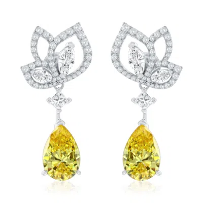 Suzy Levian Sterling Silver Gala Firework Yellow Pear Shape Cubic Zirconia Drop Earrings In Metallic
