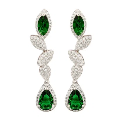Suzy Levian Sterling Silver Green And White Cubic Zirconia Pear Marquise Shapes Drop Earrings