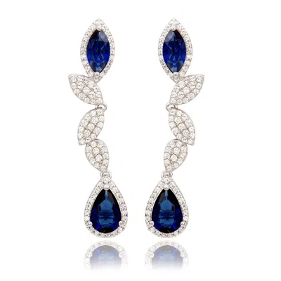 Suzy Levian Sterling Silver Green And White Cubic Zirconia Pear Marquise Shapes Drop Earrings In Metallic