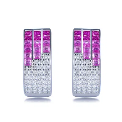 Suzy Levian Sterling Silver Invisible Set Blue White Cubic Zirconia Huggie Earrings In Metallic