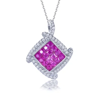 Suzy Levian Sterling Silver Invisible Set Red White Cubic Zirconia Cushion Pendant In Metallic