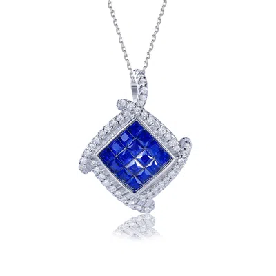 Suzy Levian Sterling Silver Invisible Set Red White Cubic Zirconia Cushion Pendant In Blue