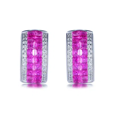 Suzy Levian Sterling Silver Invisible Set Red White Cubic Zirconia Huggie Earrings In Purple