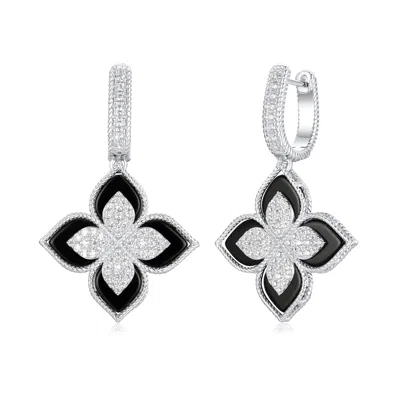 Suzy Levian Sterling Silver Mother Of Pearl White Cubic Zirconia Pave Flower Clover Hanging Earrings In Black