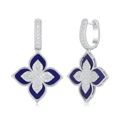 Suzy Levian Sterling Silver Mother Of Pearl White Cubic Zirconia Pave Flower Clover Hanging Earrings In Metallic