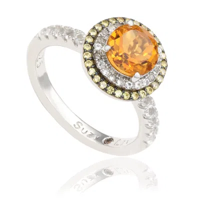 Suzy Levian Sterling Silver Orange Citrine Round Cut And Sapphire Ring In Metallic