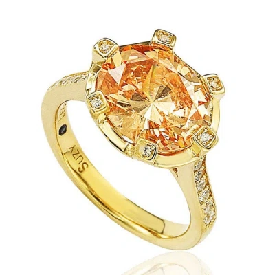 Suzy Levian Sterling Silver Orange Cubic Zirconia Ring In Gold
