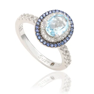Suzy Levian Sterling Silver Oval Cut Blue Topaz And Sapphire Accent Ring In Metallic