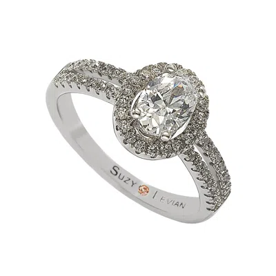 Suzy Levian Sterling Silver Oval Cut White Cubic Zirconia Halo Engagement Ring