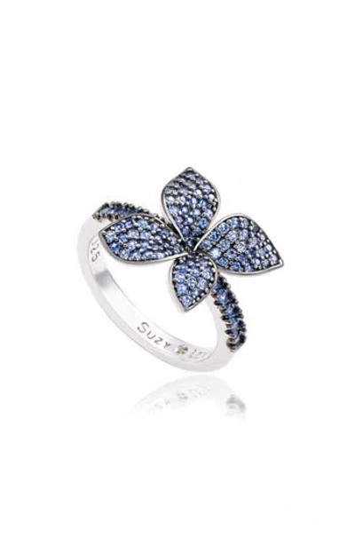 Suzy Levian Sterling Silver Pavé Blue Sapphire Flower Ring