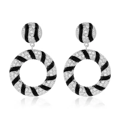Suzy Levian Sterling Silver Pave White Cubic Zirconia Black Enamel Circle Drop Earrings In Metallic