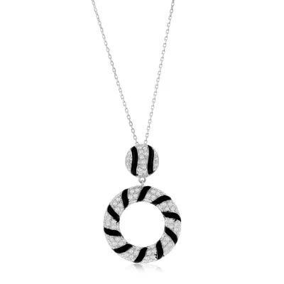 Suzy Levian Sterling Silver Pave White Cubic Zirconia Black Enamel Circle Drop Pendant In Metallic