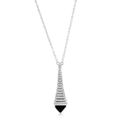 Suzy Levian Sterling Silver Pave White Cubic Zirconia Blue Enamel Eiffel Tower Paris Pendant In Metallic