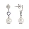 Suzy Levian Silver Sapphire Pearl Dangle Earrings In Silver