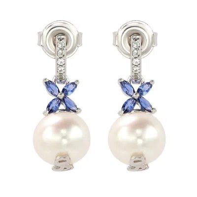 Suzy Levian Sterling Silver Pearl & Blue Sapphire Floral Earrings