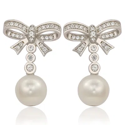 Suzy Levian Sterling Silver Pearl & White Sapphire Bow Earrings