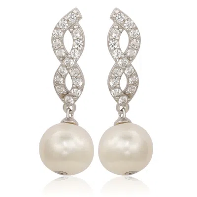 Suzy Levian Sterling Silver Pearl & White Sapphire Dangle Earrings