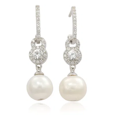 Suzy Levian Sterling Silver Pearl And White Sapphire Drop Earrings
