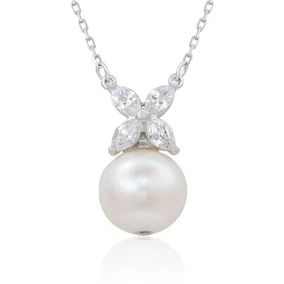 SUZY LEVIAN STERLING SILVER PEARL & WHITE SAPPHIRE MARQUISE CLUSTER NECKLACE