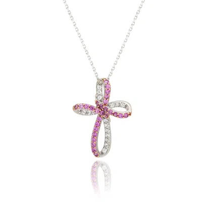 Suzy Levian Sterling Silver Pink & White Sapphire & Diamond Accent Cross Pendant In Brown