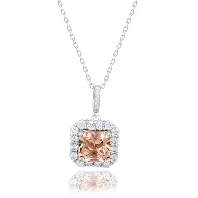 Suzy Levian Sterling Silver Pink Ascher Cut Cubic Zirconia & White Cubic Zirconia Halo Pendant In Metallic