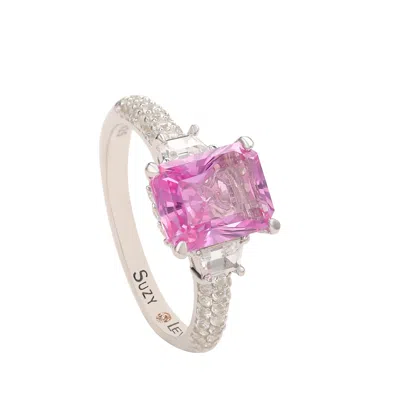 Suzy Levian Sterling Silver Pink Sapphire & Diamond Accent 3cttw Emerald Cut Bridal Ring In Yellow