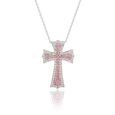 Suzy Levian Sterling Silver Pink Sapphire And Diamond Accent Cross Pendant In Metallic