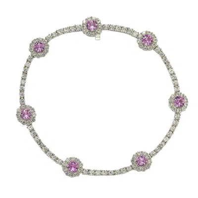 Suzy Levian Sterling Silver Pink Sapphire And Diamond Accent Flower Tennis Bracelet