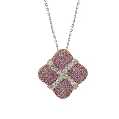 Suzy Levian Sterling Silver Pink Sapphire & Diamond Wrapped Cushion Pendant In Purple