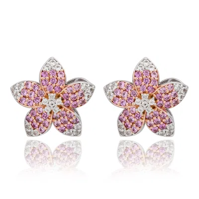 Suzy Levian Sterling Silver Pink Sapphire Created White Sapphire Flower Earrings In Metallic