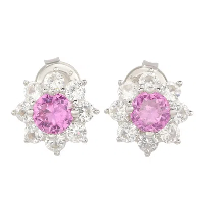 Suzy Levian Sterling Silver Pink Sapphire Flower Halo Stud Earrings In Purple
