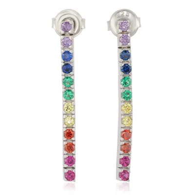 Suzy Levian Sterling Silver Rainbow Cubic Zirconia Drop  Line Earrings In Multi