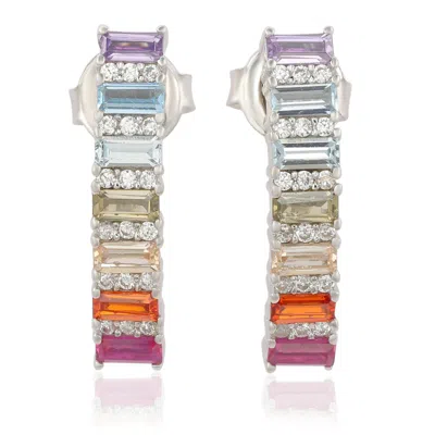 Suzy Levian Sterling Silver Rainbow Cubic Zirconia Hoop Earrings In Multi
