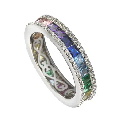 Suzy Levian Sterling Silver Rainbow Cubic Zirconia Modern Eternity Band In Blue