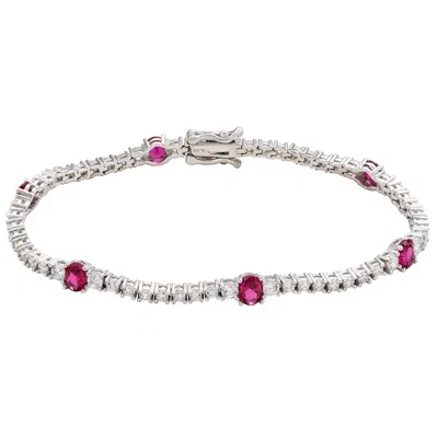 Suzy Levian Sterling Silver Red And White Cubic Zirconia Tennis Bracelet In Metallic
