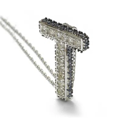 Suzy Levian Sterling Silver Sapphire & Diamond Accent Letter Pendant In Black