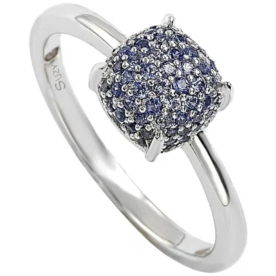 Pre-owned Suzy Levian Sterling Silver Sapphire And Diamond Accent Pave Ball-top Ring In Blue