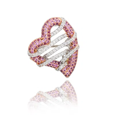 Suzy Levian Sterling Silver Sapphire & Diamond Accent Wrapped Heart Brooch In Pink