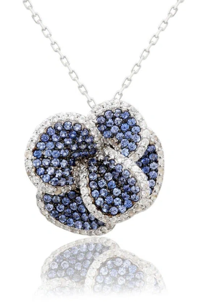 Suzy Levian Sterling Silver Pink Sapphire And Diamond Pave Peony Flower Pendant With Chain In Blue